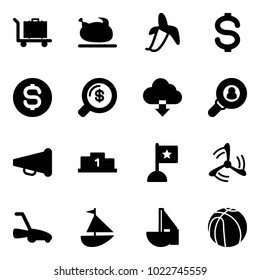 Solid vector icon set - baggage vector, turkey, banana, dollar, coin, money search, download cloud, head hunter, speaker horn, pedestal, flag, wind mill, lawn mower, sailboat toy, basketball