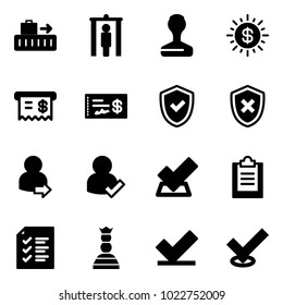 Solid vector icon set - baggage vector, metal detector gate, stamp, dollar sun, receipt, check, shield, cross, user login, clipboard, list, chess queen