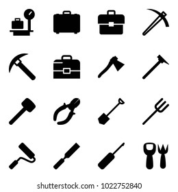 Solid vector icon set - baggage scales vector, case, portfolio, job, rock axe, mason hammer, rubber, side cutters, shovel, farm fork, paint roller, rasp, awl, toy