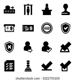 Solid vector icon set - baggage vector, metal detector gate, recieptionist, stamp, receipt, check, customs road sign, shield, cross, user login, list, chess queen