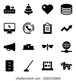 Solid vector icon set - baggage vector, christmas tree, heart, coin, monitor cursor, phone horn, clipboard, growth arrow, speaker, pedestal, dragonfly, globe, chip, hoe, abacus, toy horse