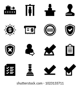 Solid vector icon set - baggage vector, metal detector gate, recieptionist, stamp, dollar sun, receipt, customs road sign, shield check, cross, user login, clipboard, list, chess queen