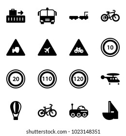 Solid vector icon set - baggage vector, airport bus, truck, bike, tractor way road sign, for moto, speed limit 10, 20, 110, 120, helicopter, air balloon, moon rover, sailboat toy