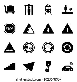 Solid vector icon set - baggage vector, metal detector gate, train, travolator, stop road sign, landslide, intersection, rough, no trailer, limited distance, circle, stairs, paper fly, piston