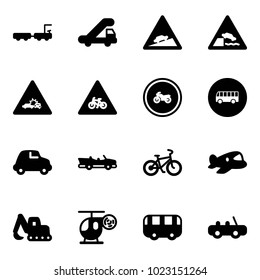 Solid vector icon set - baggage truck vector, trap, climb road sign, embankment, car crash, for moto, no, bus, cabrio, bike, plane toy, excavator, helicopter