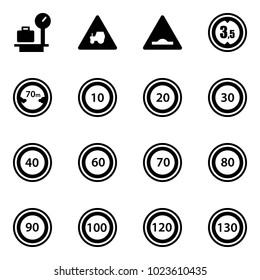 Solid vector icon set - baggage scales vector, tractor way road sign, artificial unevenness, limited height, distance, speed limit 10, 20, 30, 40, 60, 70, 80, 90, 100, 120, 130