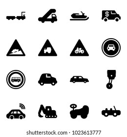 Solid vector icon set - baggage truck vector, trap, snowmobile, encashment car, climb road sign, tractor way, for moto, no, bus, limousine, piston, wireless, excavator toy, baby