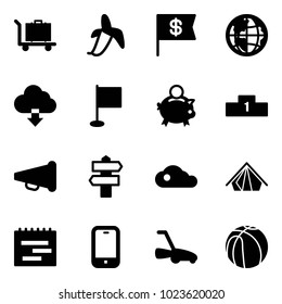Solid vector icon set - baggage vector, banana, dollar flag, globe, download cloud, piggy bank, pedestal, speaker horn, signpost, tent, terms plan, mobile phone, lawn mower, basketball