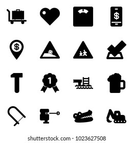 Solid vector icon set - baggage vector, heart, floor scales, mobile payment, dollar pin, steep roadside road sign, children, check, work, gold medal, pool, beer, fretsaw, laser lever, crocodile