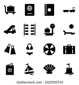 Solid vector icon set - baggage vector, passport, truck, trap, plane seats, scales, lounger, flippers, swimsuit, parasol, suitcase, sail boat, shell, sand castle