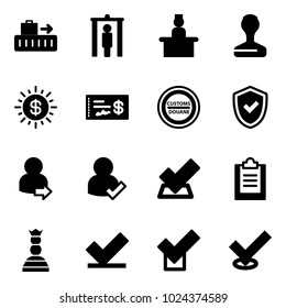 Solid vector icon set - baggage vector, metal detector gate, recieptionist, stamp, dollar sun, check, customs road sign, shield, user login, clipboard, chess queen