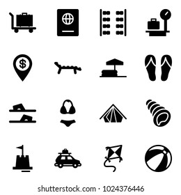 Solid vector icon set - baggage vector, passport, plane seats, scales, dollar pin, lounger, inflatable pool, flip flops, swimsuit, tent, shell, sand castle, car, kite, beach ball