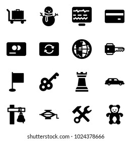 Solid vector icon set - baggage vector, snowman, diagnostic monitor, credit card, exchange, globe, key, flag, chess tower, limousine, ship bell, jack, wrench hammer, bear toy