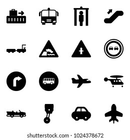 Solid vector icon set - baggage vector, airport bus, metal detector gate, escalator up, truck, embankment road sign, intersection, no overtake, only right, plane, helicopter, cabrio, piston, car