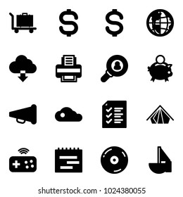 Solid vector icon set - baggage vector, dollar sign, globe, download cloud, printer, head hunter, piggy bank, speaker horn, list, tent, joystick wireless, terms plan, cd, sailboat toy