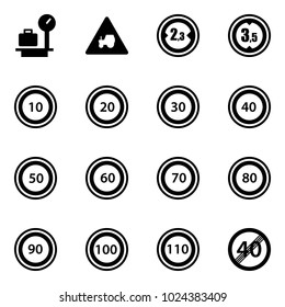 Solid vector icon set - baggage scales vector, tractor way road sign, limited width, height, speed limit 10, 20, 30, 40, 50, 60, 70, 80, 90, 100, 110, end