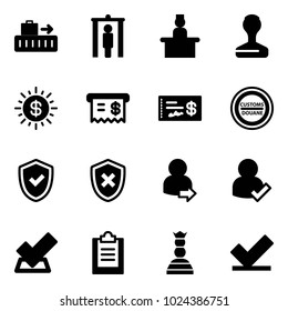 Solid vector icon set - baggage vector, metal detector gate, recieptionist, stamp, dollar sun, receipt, check, customs road sign, shield, cross, user login, clipboard, chess queen