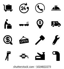 Solid vector icon set - baggage vector, 24 hours, phone, client bell, baby room, truck, dollar pin, encashment car, money click, open, rubber hammer, wrench, plumber, jack, stapler, allen key