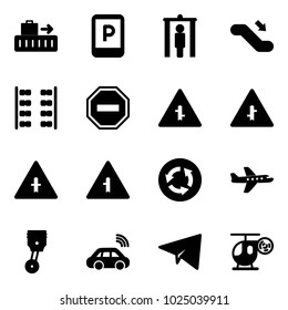 Solid vector icon set - baggage vector, parking sign, metal detector gate, escalator down, plane seats, no way road, intersection, circle, piston, car wireless, paper, helicopter toy