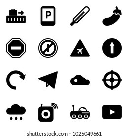 Solid vector icon set - baggage vector, parking sign, thermometer, eggplant, no way road, parkin odd, airport, only forward, redo, paper fly, cloud, target, rain, wireless speaker, moon rover