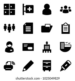 Solid Vector Icon Set - Baggage Room Vector, First Aid, User, Group, Document, Folder, Clipboard, Manager, Envelope, Bank Building, Hotel, Printer Wireless, Pencil, Tool Cabinet, Marker