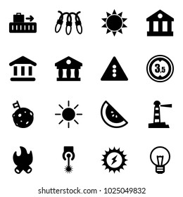 Solid vector icon set - baggage vector, garland, sun, bank, traffic light road sign, limited height, moon flag, watermelone, lighthouse, fire, laser, power, bulb