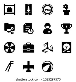 Solid vector icon set - baggage room vector, christmas mobile, no cart horse road sign, flower pot, shared folder, history, manager, gold cup, parasol, case, wind mill, hdd, plumber, milling cutter