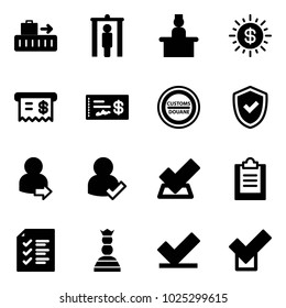 Solid vector icon set - baggage vector, metal detector gate, recieptionist, dollar sun, receipt, check, customs road sign, shield, user login, clipboard, list, chess queen