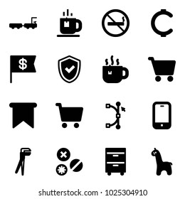 Solid vector icon set - baggage truck vector, tea, no smoking sign, cent, dollar flag, shield check, hot, cart, bezier, mobile phone, plumber, rivet, tool cabinet, toy giraffe