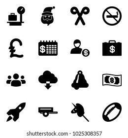 Solid vector icon set - baggage scales vector, santa claus, stick, no smoking sign, pound, finance calendar, account, money case, group, download cloud, bell, rocket, trailer, toy unicorn, football