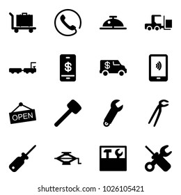 Solid vector icon set - baggage vector, phone, client bell, fork loader, truck, mobile payment, encashment car, open, rubber hammer, wrench, plumber, screwdriver, jack, tool box