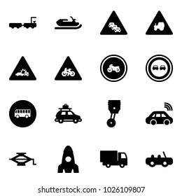 Solid vector icon set - baggage truck vector, snowmobile, multi lane traffic road sign, tractor way, car crash, for moto, no, overtake, bus, piston, wireless, jack, rocket, toy