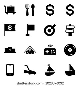 Solid vector icon set - baggage vector, spoon and fork, dollar sign, flag, target, signpost, pedestal, tent, joystick wireless, cd, mobile phone, lawn mower, sailboat toy