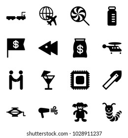 Solid vector icon set - baggage truck vector, plane globe, lollipop, vial, dollar flag, fast backward, money bag, helicopter, agreement, drink, cpu, tile drill, jack, dryer, doll, toy caterpillar