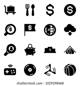 Solid vector icon set - baggage vector, spoon and fork, dollar, coin, money search, flag, globe, download cloud, head hunter, piggy bank, pedestal, tent, joystick wireless, cd, wind mill, basketball