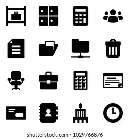 Solid vector icon set - baggage room vector, calculator, group, document, folder, network, trash bin, office chair, portfolio, schedule, envelope, contact book, bank building, clock