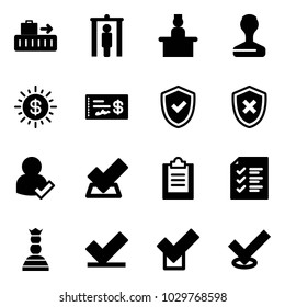 Solid vector icon set - baggage vector, metal detector gate, recieptionist, stamp, dollar sun, check, shield, cross, user, clipboard, list, chess queen