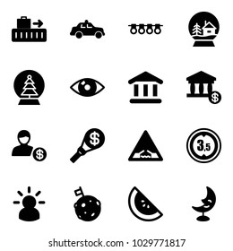 Solid vector icon set - baggage vector, safety car, garland, snowball house, tree, eye, bank, account, money torch, drawbridge road sign, limited height, idea, moon flag, watermelone, lamp