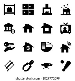 Solid vector icon set - baggage room vector, fireplace, house, account, home, tv news, key hand, dollar, hotel, wireless, bucksaw, side cutters, pipe welding, baseball bat