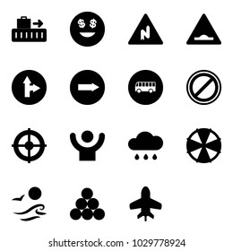 Solid vector icon set - baggage vector, dollar smile, abrupt turn right road sign, artificial unevenness, only forward, bus, no parking, target, success, rain cloud, parasol, waves, billiards balls