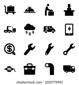 Solid vector icon set - baggage vector, client bell, baby room, recieptionist, fork loader, money rain, encashment car, mobile payment, click, wrench, jack, tool box, allen key, truck toy