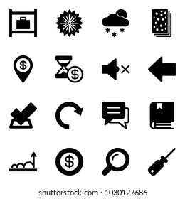 Solid vector icon set - baggage room vector, firework, snowfall, breads, dollar pin, account history, volume off, left arrow, check, redo, chat, book, growth, magnifier, screwdriver