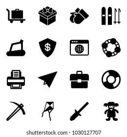 Solid vector icon set - baggage vector, gift, gloves, ski, treadmill, safe, browser globe, friends, printer, paper plane, portfolio, circle chart, job, kite, clinch, doll