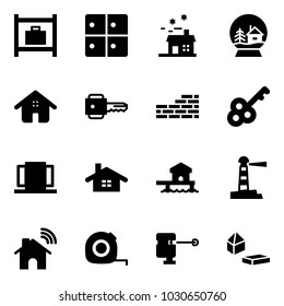 Solid vector icon set - baggage room vector, house, snowball, home, key, brick wall, doors, bungalow, lighthouse, wireless, measuring tape, laser lever, constructor blocks