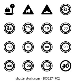 Solid vector icon set - baggage scales vector, tractor way road sign, artificial unevenness, limited width, height, distance, speed limit 10, 30, 60, 70, 80, 90, 100, 120, 130, end