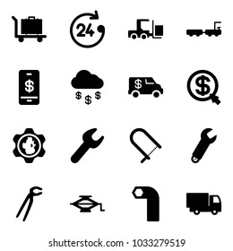 Solid vector icon set - baggage vector, 24 hours, fork loader, truck, mobile payment, money rain, encashment car, click, gear globe, wrench, fretsaw, plumber, jack, allen key, toy