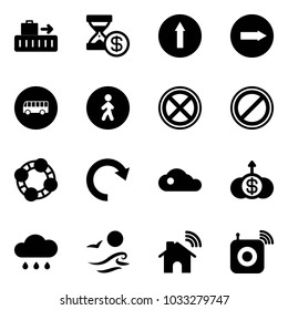 Solid vector icon set - baggage vector, account history, only forward road sign, right, bus, pedestrian way, no stop, parking, friends, redo, cloud, dollar growth, rain, waves, wireless home