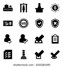 Solid vector icon set - baggage vector, metal detector gate, recieptionist, dollar sun, check, customs road sign, shield, cross, user login, clipboard, list, chess queen