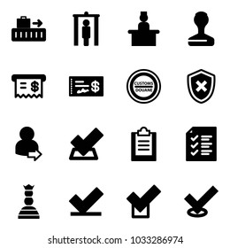 Solid vector icon set - baggage vector, metal detector gate, recieptionist, stamp, receipt, check, customs road sign, shield cross, user login, clipboard, list, chess queen