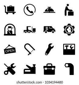 Solid vector icon set - baggage vector, phone, client bell, baby room, officer window, fork loader, encashment car, gear globe, open, fretsaw, wrench, tool box, screwdriver, stapler, allen key